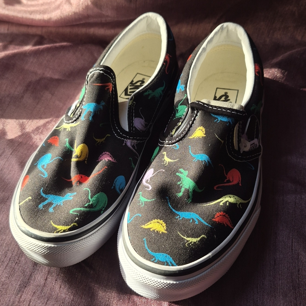 Vans Kids Slip-On Sneakers - Black with Multicolor Dinosaur Pattern